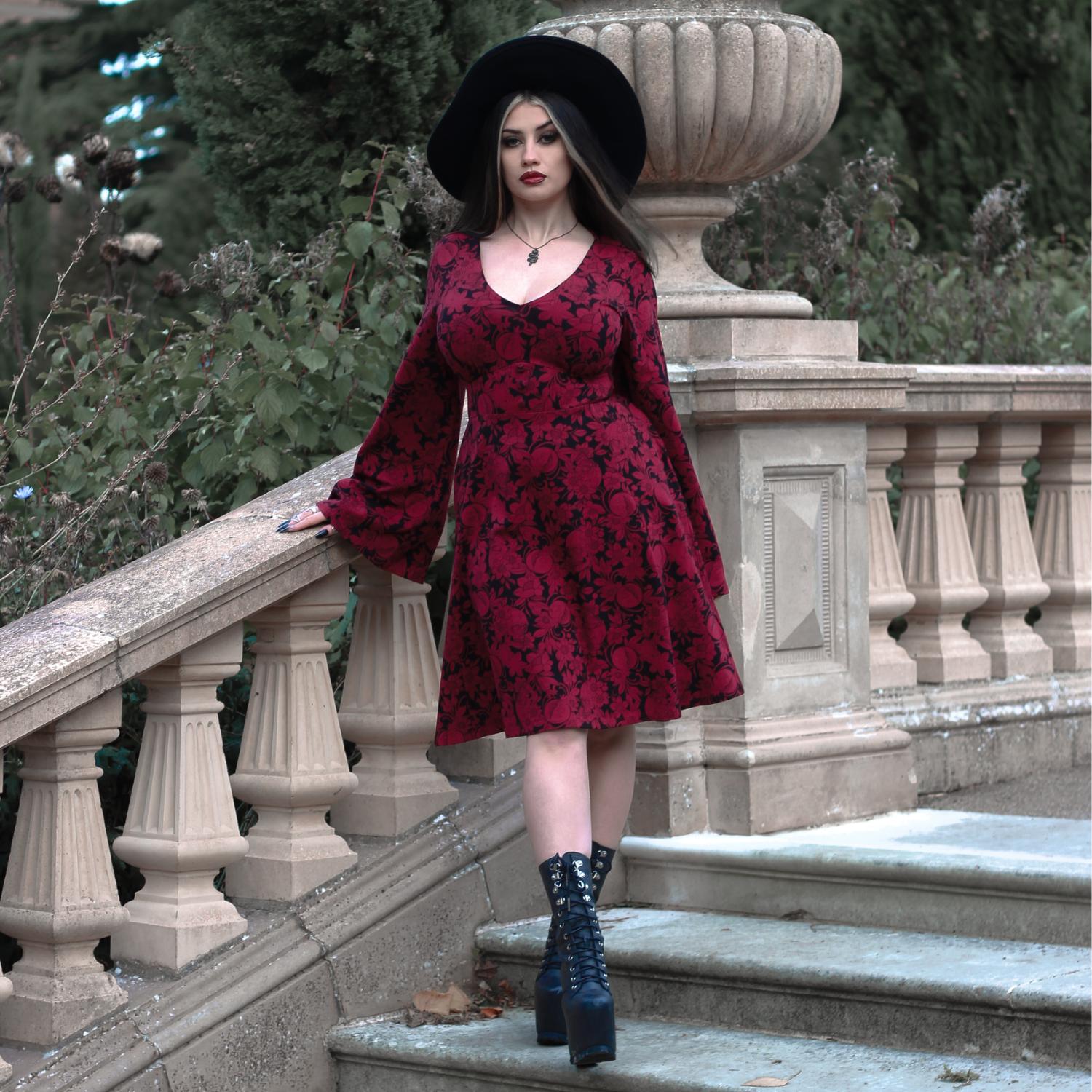 Danu Bell Sleeve Mini Dress Red Black Goth Dress with Pockets