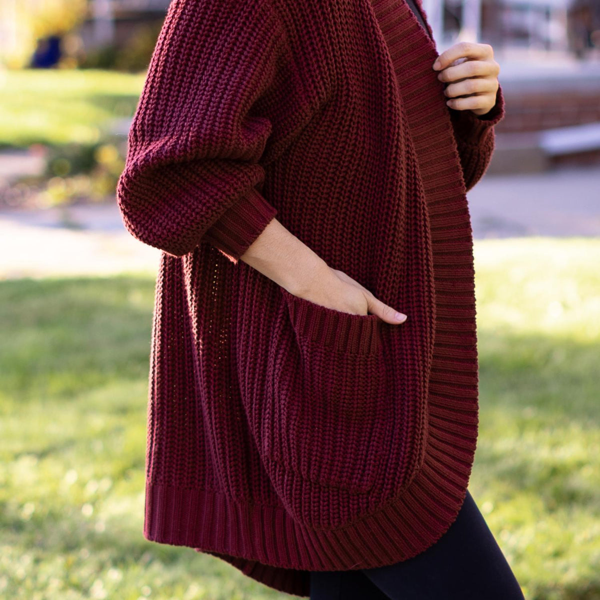 Chunky Knit Cotton Cardigan - Burgundy
