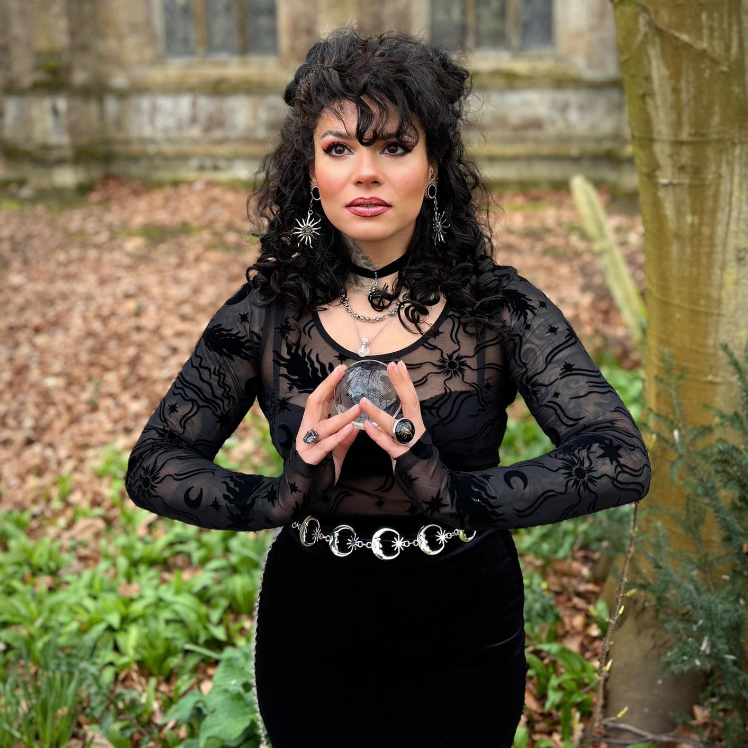 Celestial Flock Mesh Top - Black