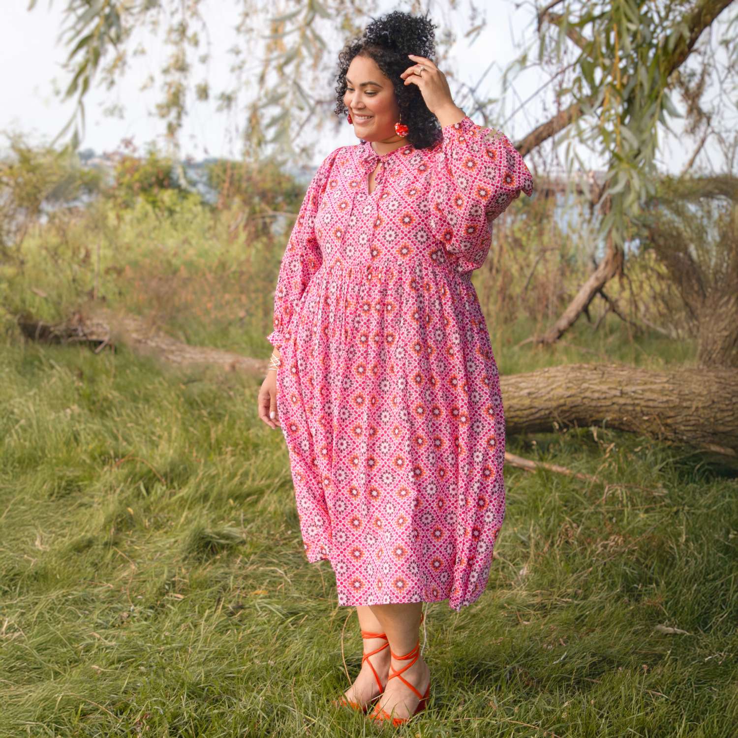 pink empire line dress Sheen Waist Maxi in inspired front drape panel Relaxed flowing maxi silhouette Lightweight resort Women's Sleeveless Button-Front Smocked Maxi