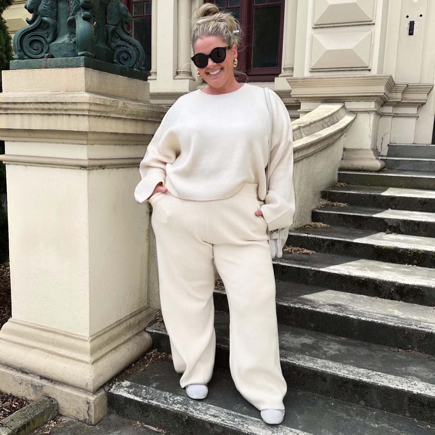 Oatmeal Rib Knit Wide Leg Trousers with Pockets | Snag