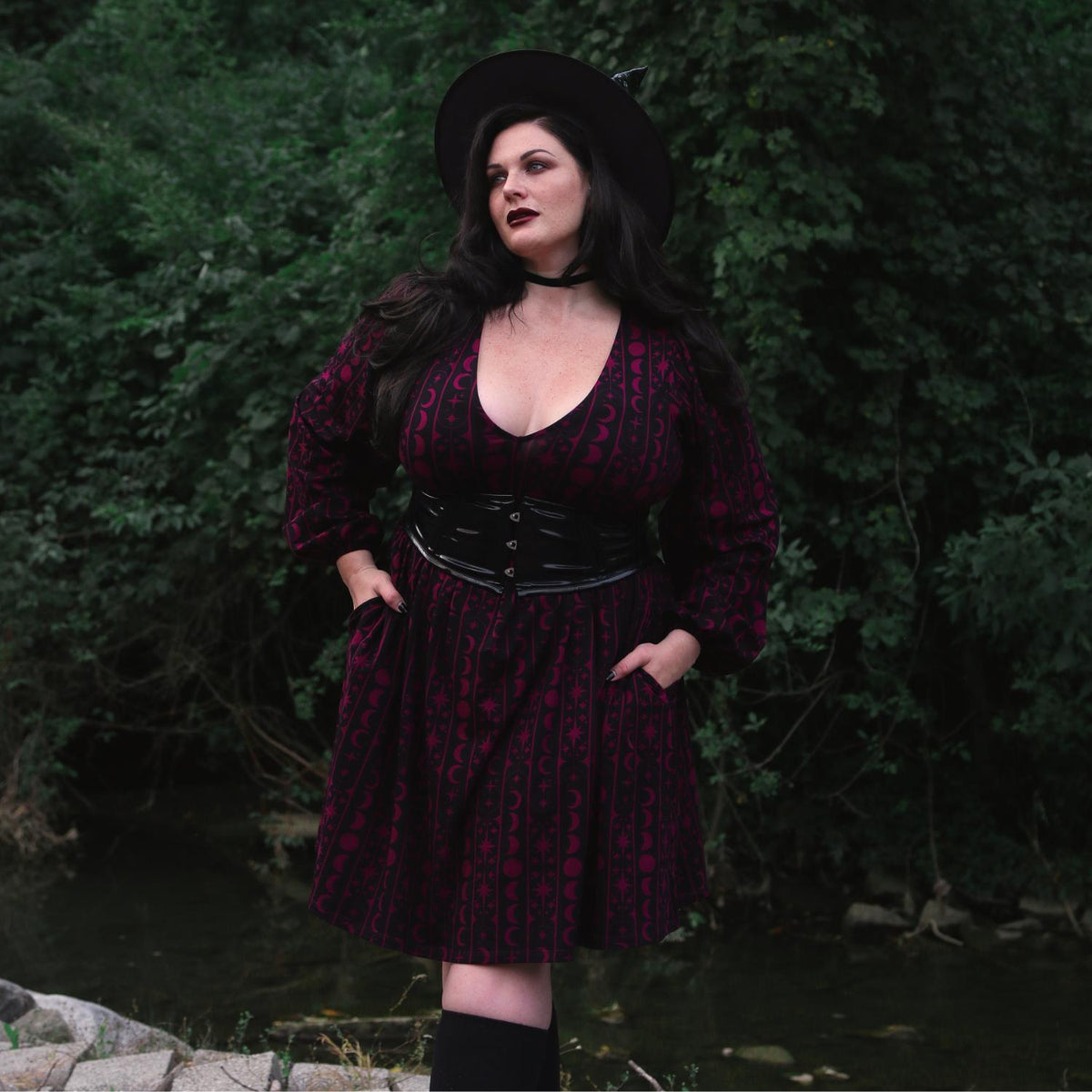Printed Cotton Babydoll Dress - Moon Stars Pinstripe - Cherry