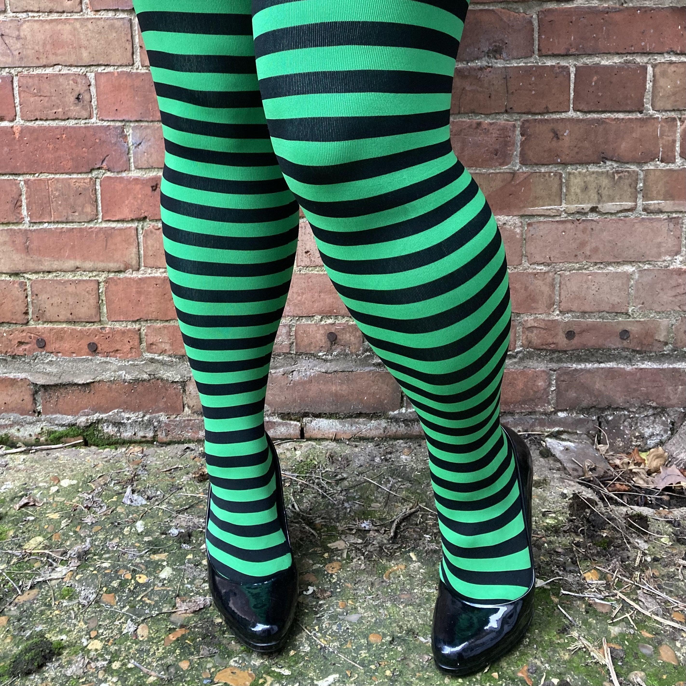 80 Denier Green & Black Striped Tights - Snag Tights