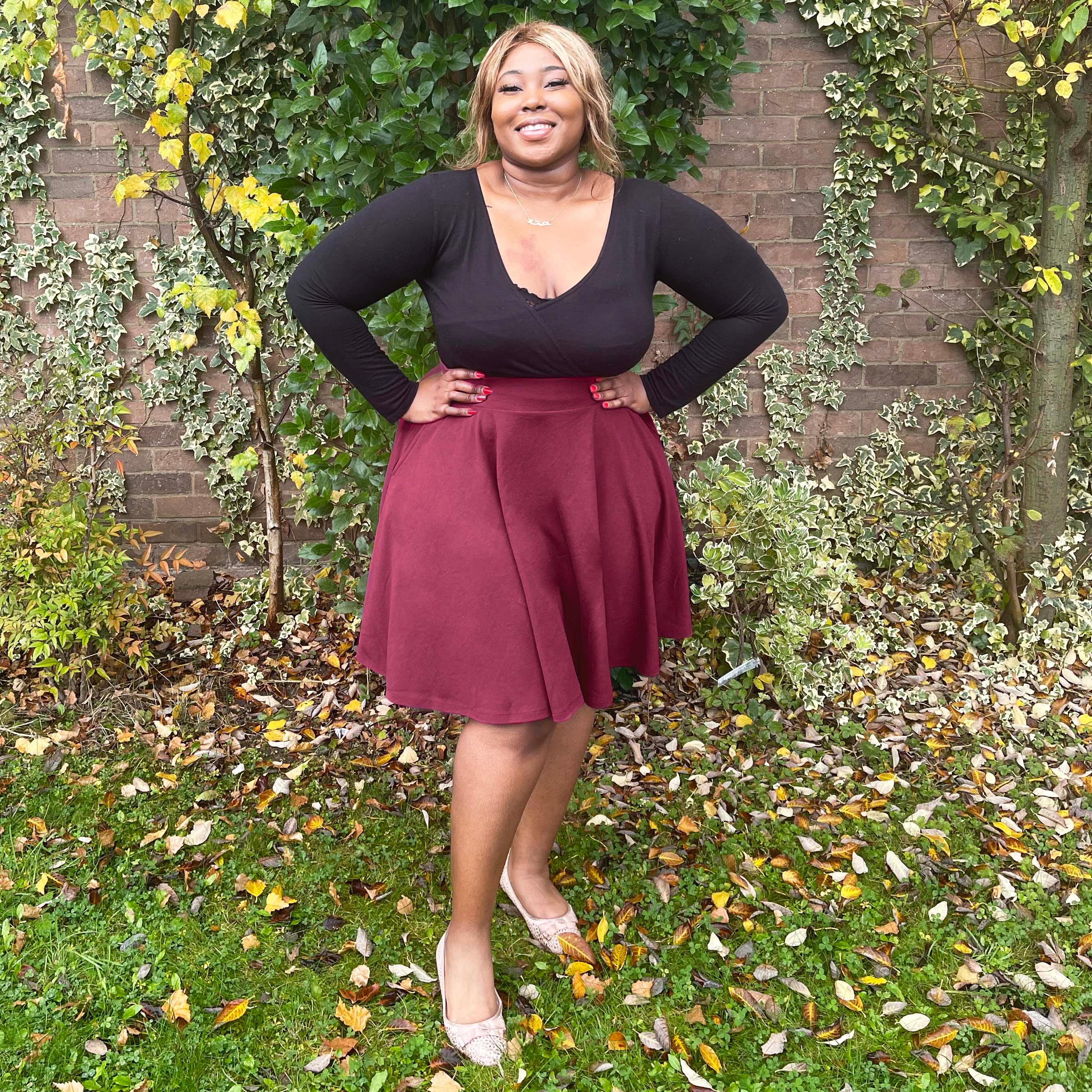 Plus Size Pleated Skirt in Burgundy, Fashionable Plus Size
