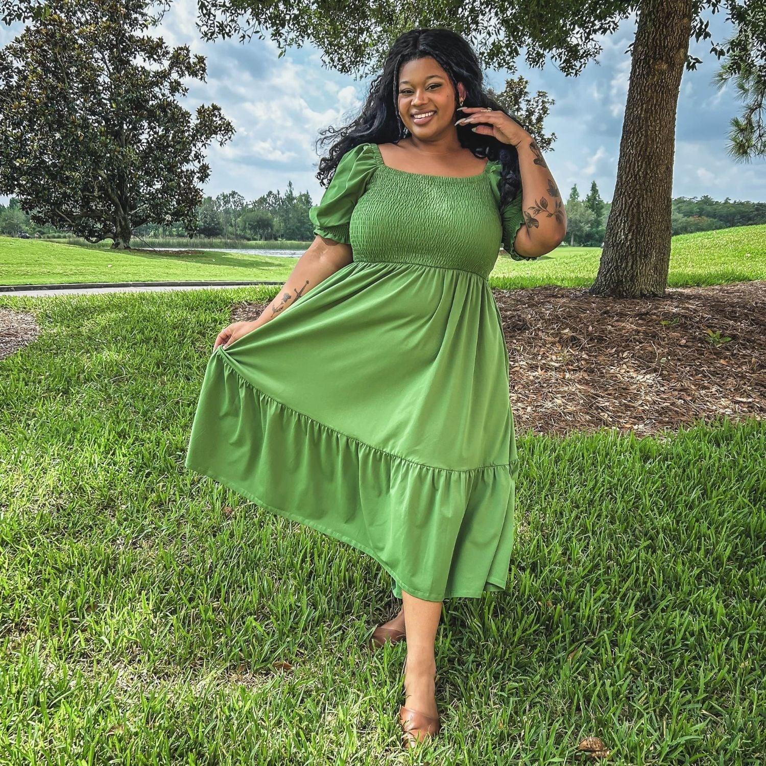 Shirred Midi Dress in Meadow Green