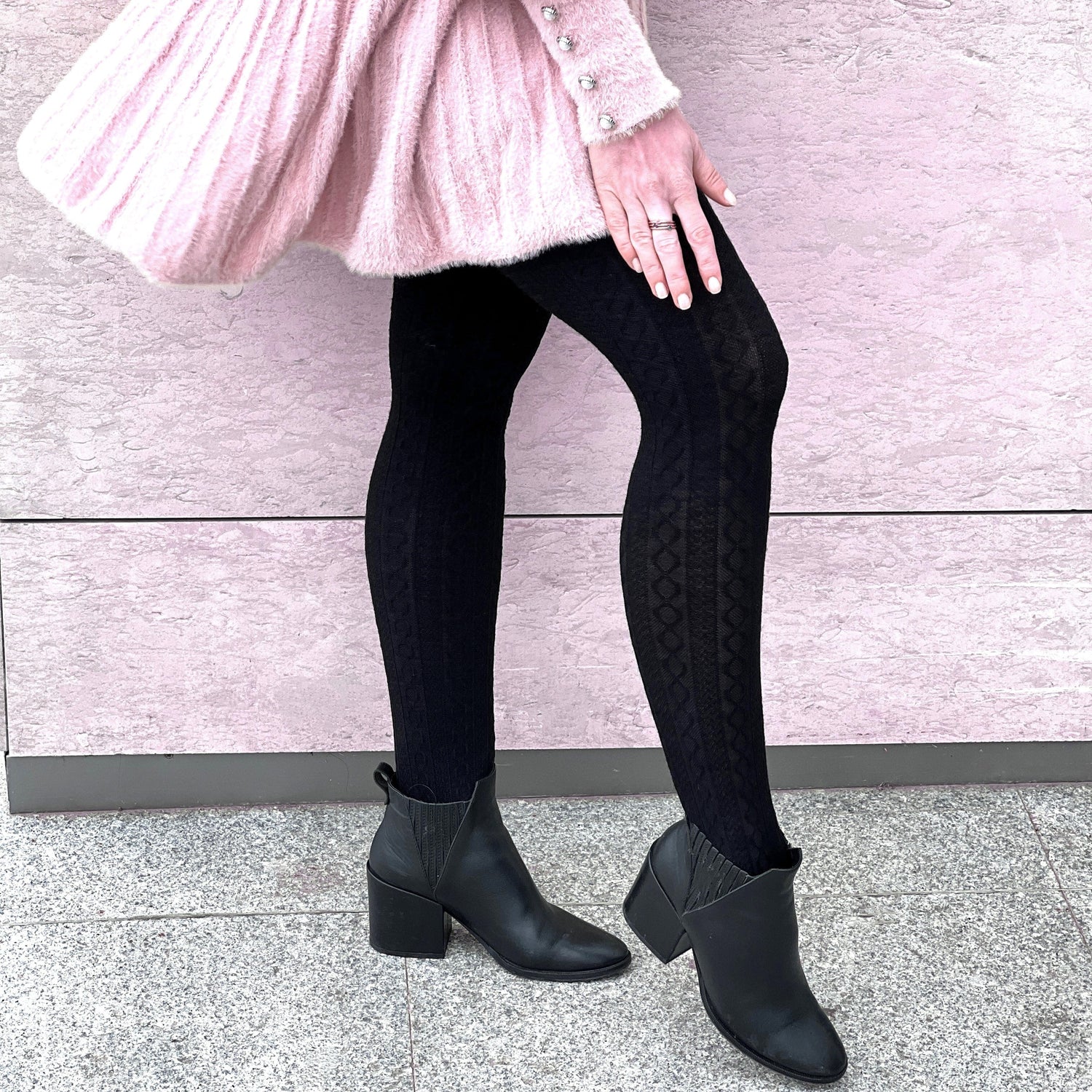 Grannies Cable Knit Wool Tights - Black (V2)