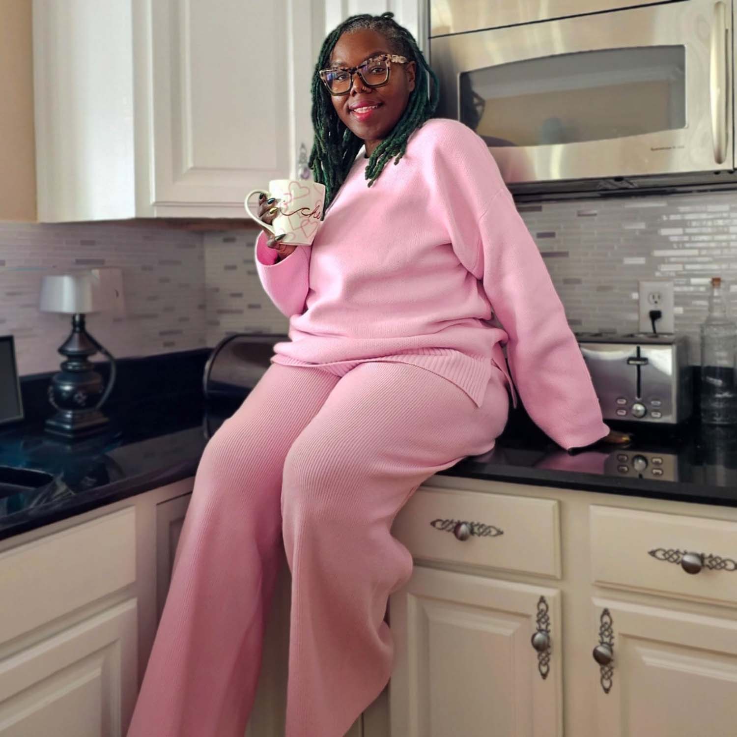 Knit Rib Wide Leg Trousers - Pétale de Rose - Tights & Clothes In