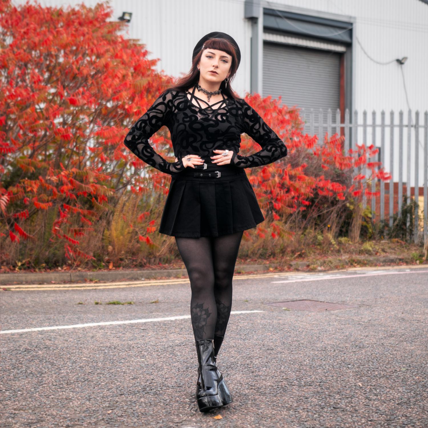 Corra Flock Mesh Top | Black Snake Print Top with Velvet Texture