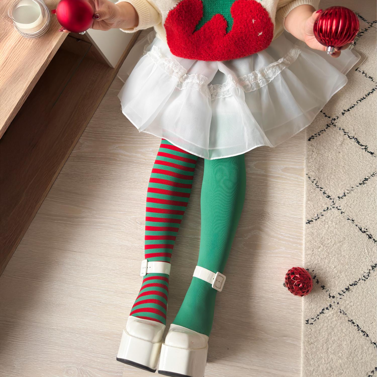 Women's Elf Christmas Tights - Red & Green Santa Pantyhose Stockings