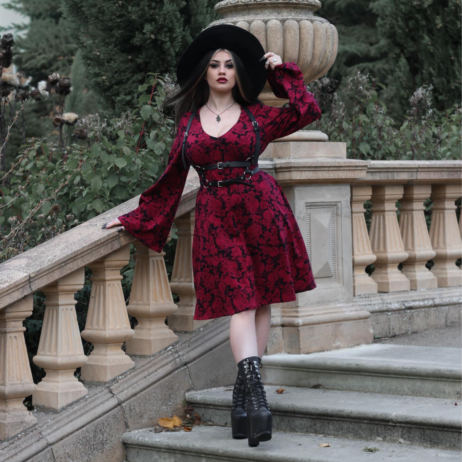 Danu Bell Sleeve Mini Dress Red Black Goth Dress with Pockets