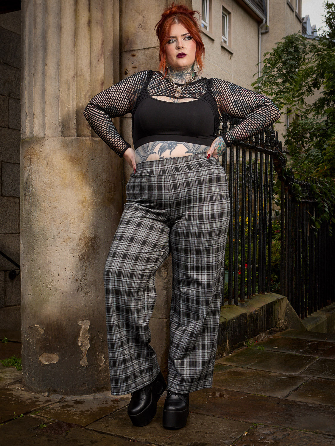 Black & Grey Plaid Wide-Leg Trousers | Snag