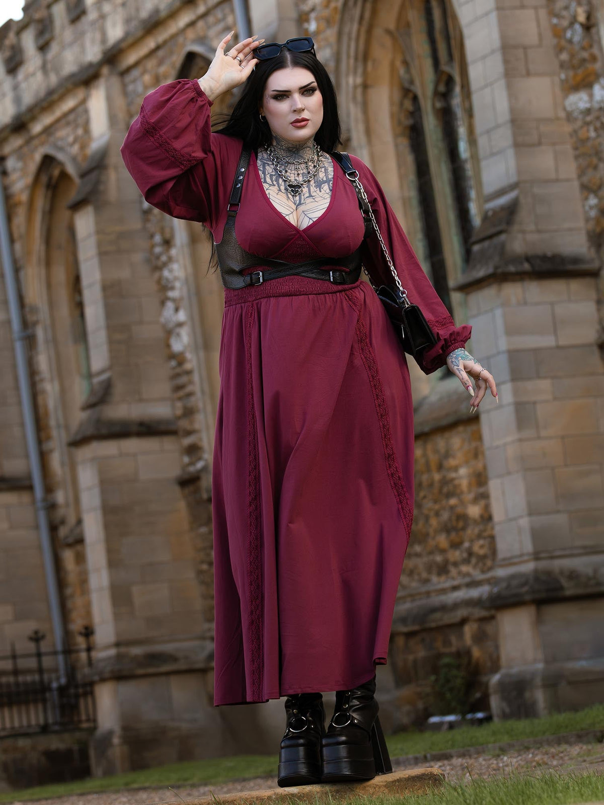Skye Balloon Sleeve Lace Trim Dress - Burgundy