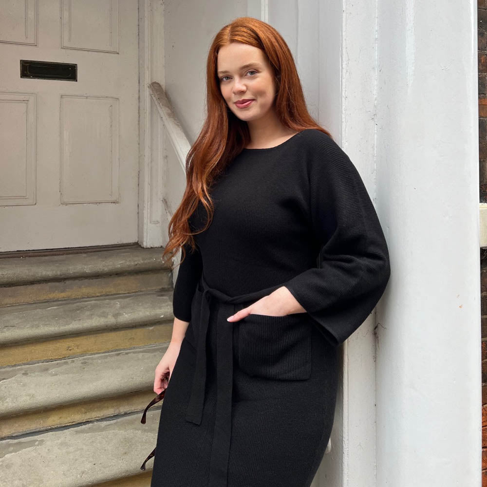 Black Cocoon Knit Midi Dress with Pockets