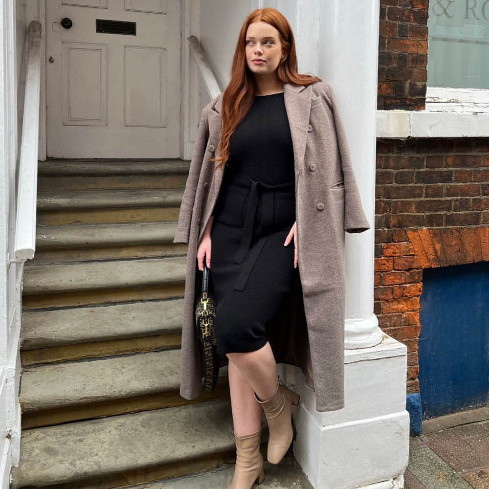 Black Cocoon Knit Midi Dress with Pockets