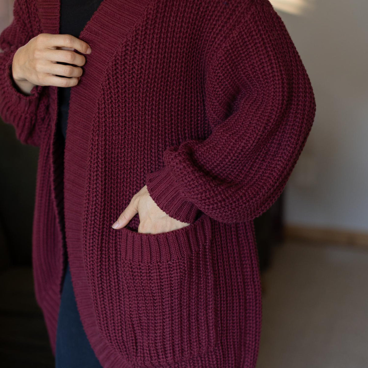 Chunky Knit Cotton Cardigan - Burgundy