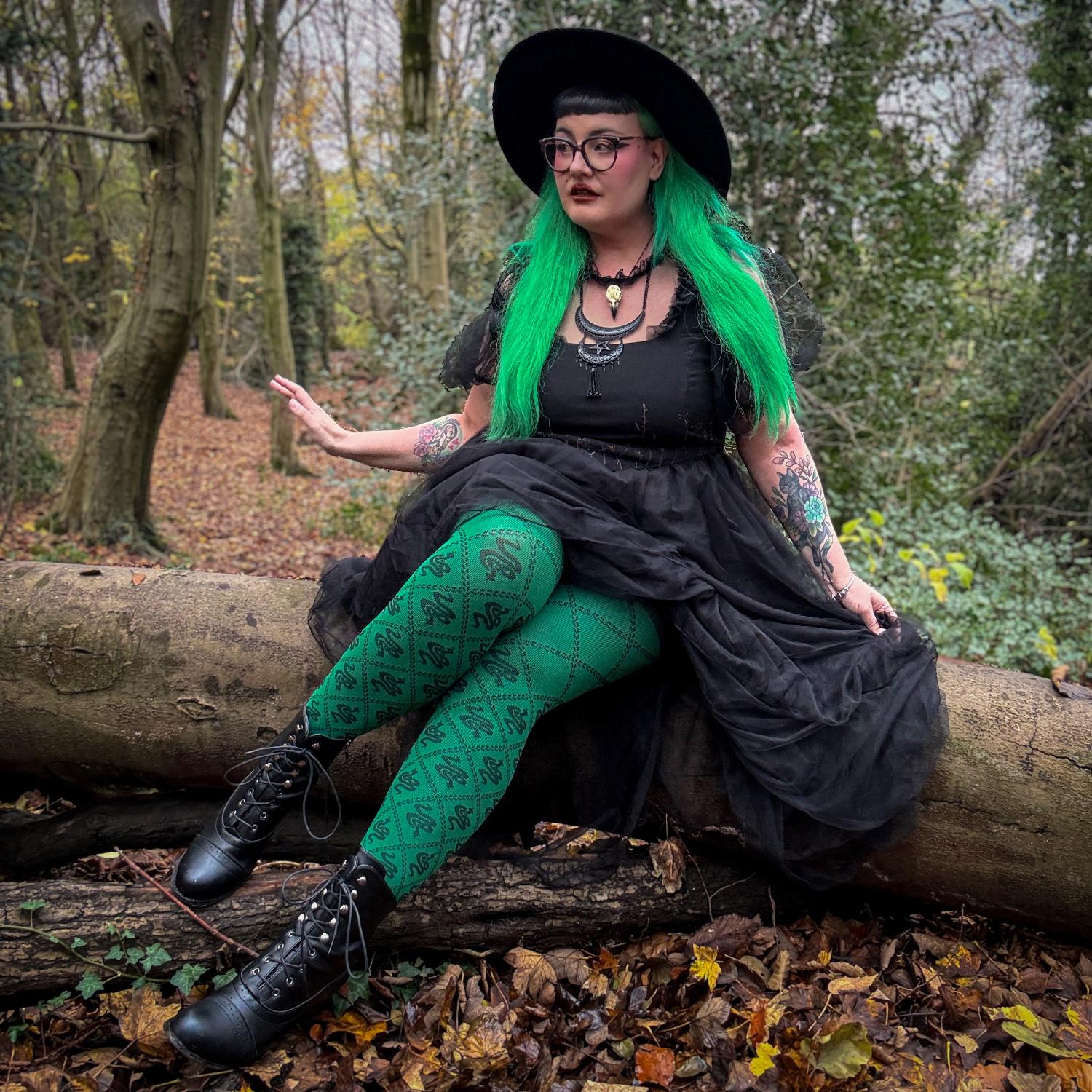 80 Denier Opaque Tights - Corra Snakes - Foliage Green