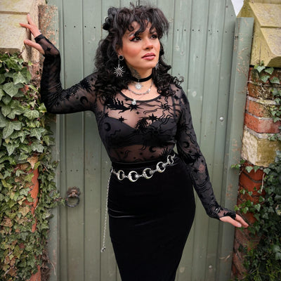 Celestial Flock Mesh Top - Black