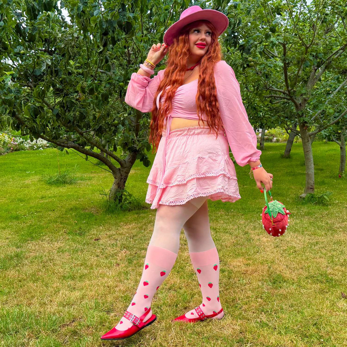 Strawberry Mock Sock Tights - Pink