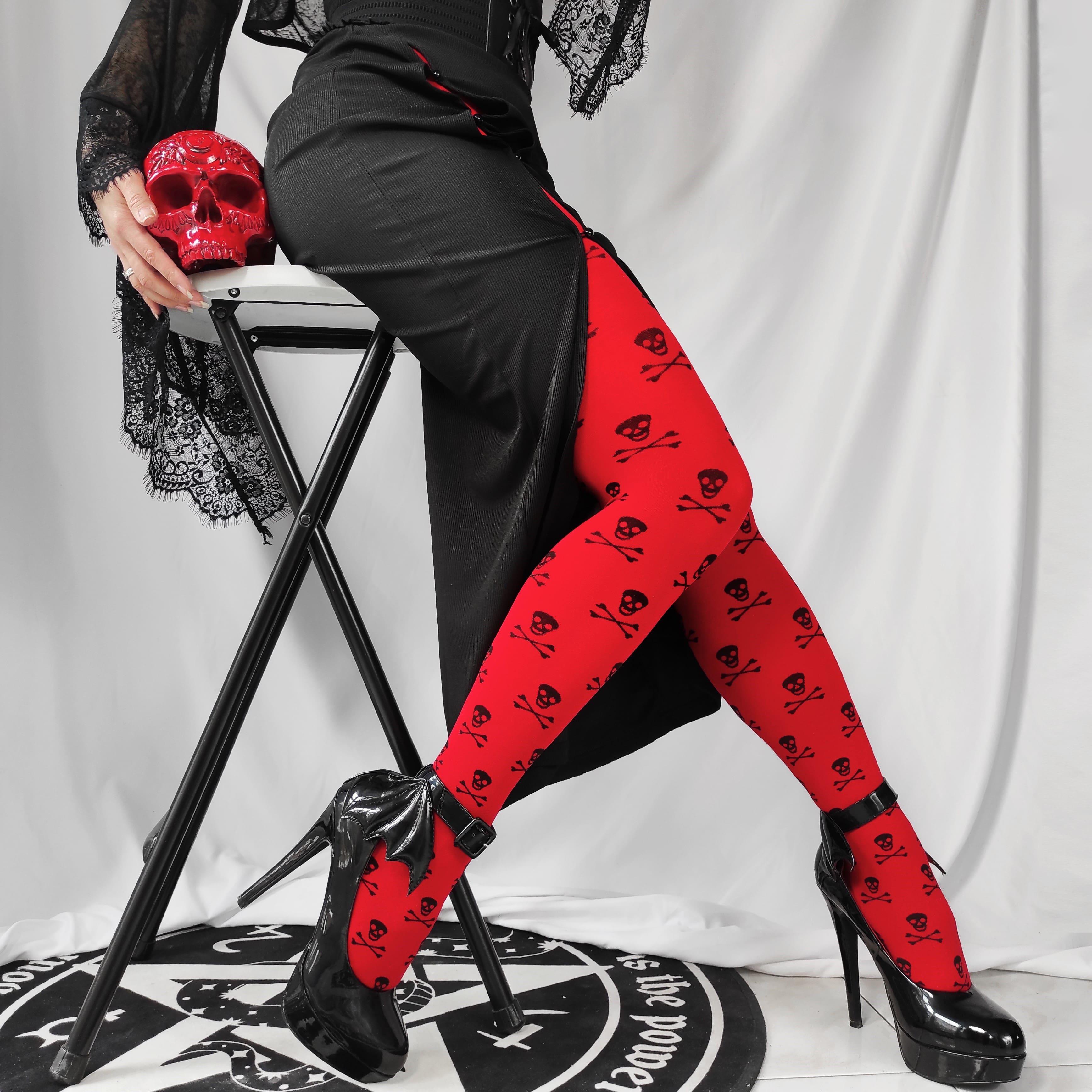 Skull Patterned Red Coloured Tights