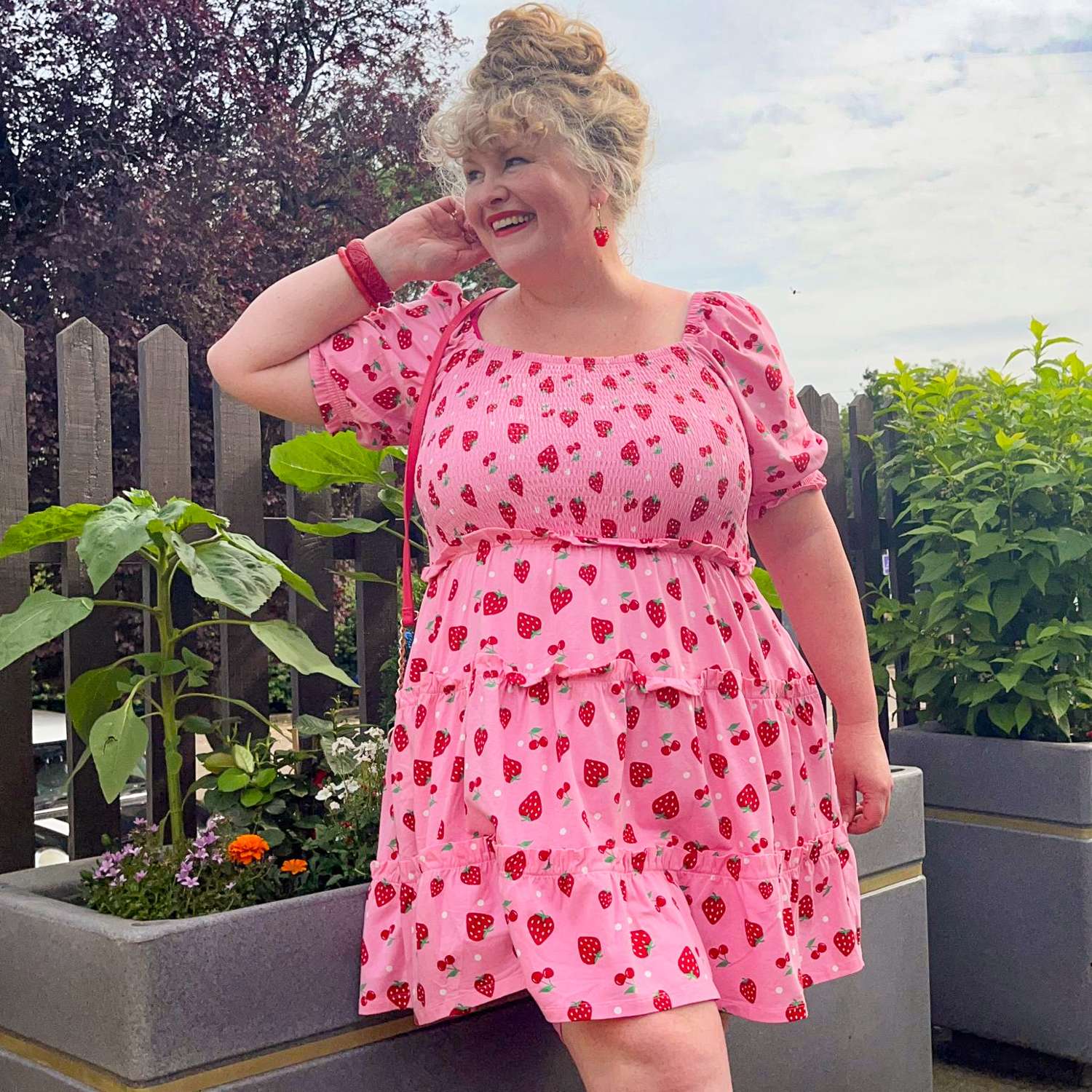 Strawberry Print Mini Dress | Shirred Cotton Jersey Dress with