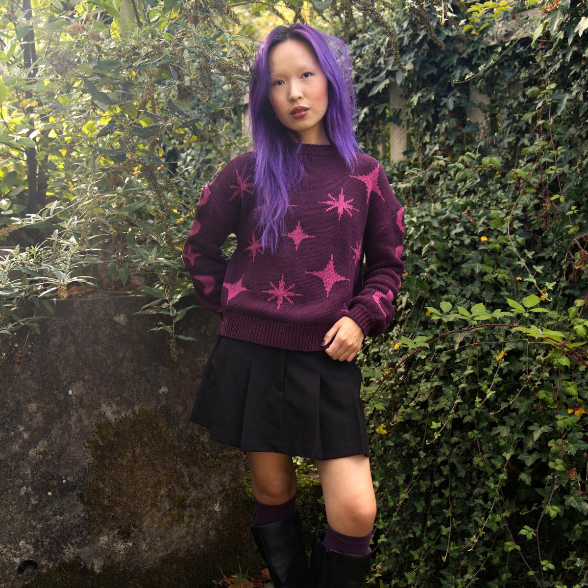 Chunky Knit Jumper - Stars - Pink/Purple