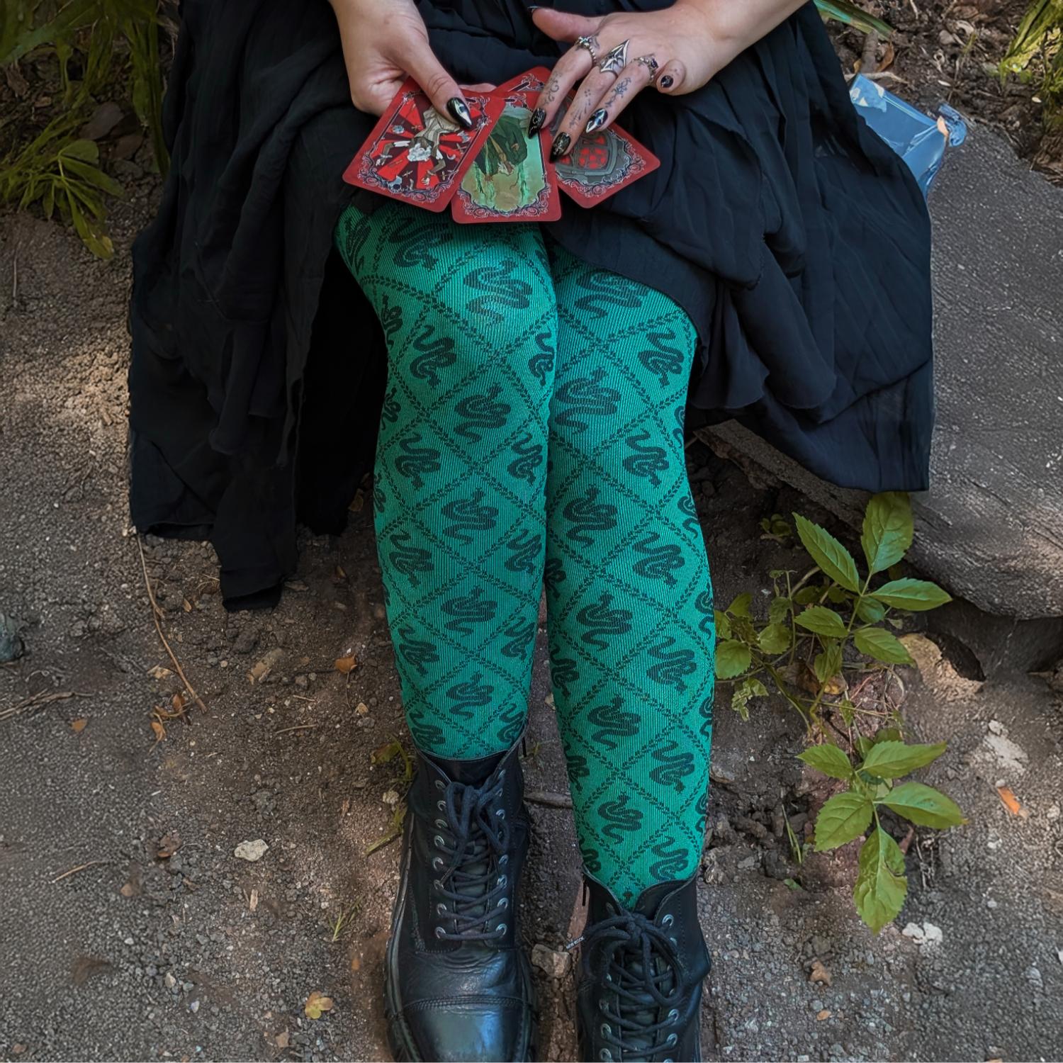 80 Denier Opaque Tights - Corra Snakes - Foliage Green