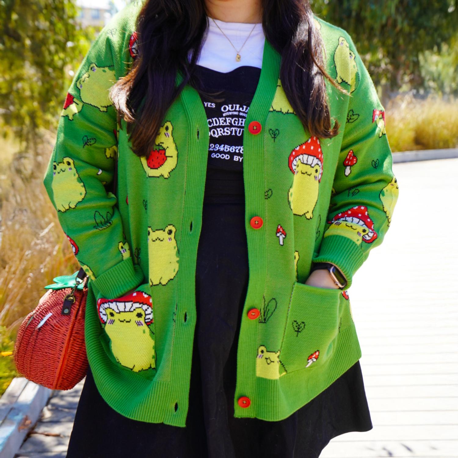 Hoppy Meadow Frog Print Cardigan | Alternative Knitwear | Sizes 4
