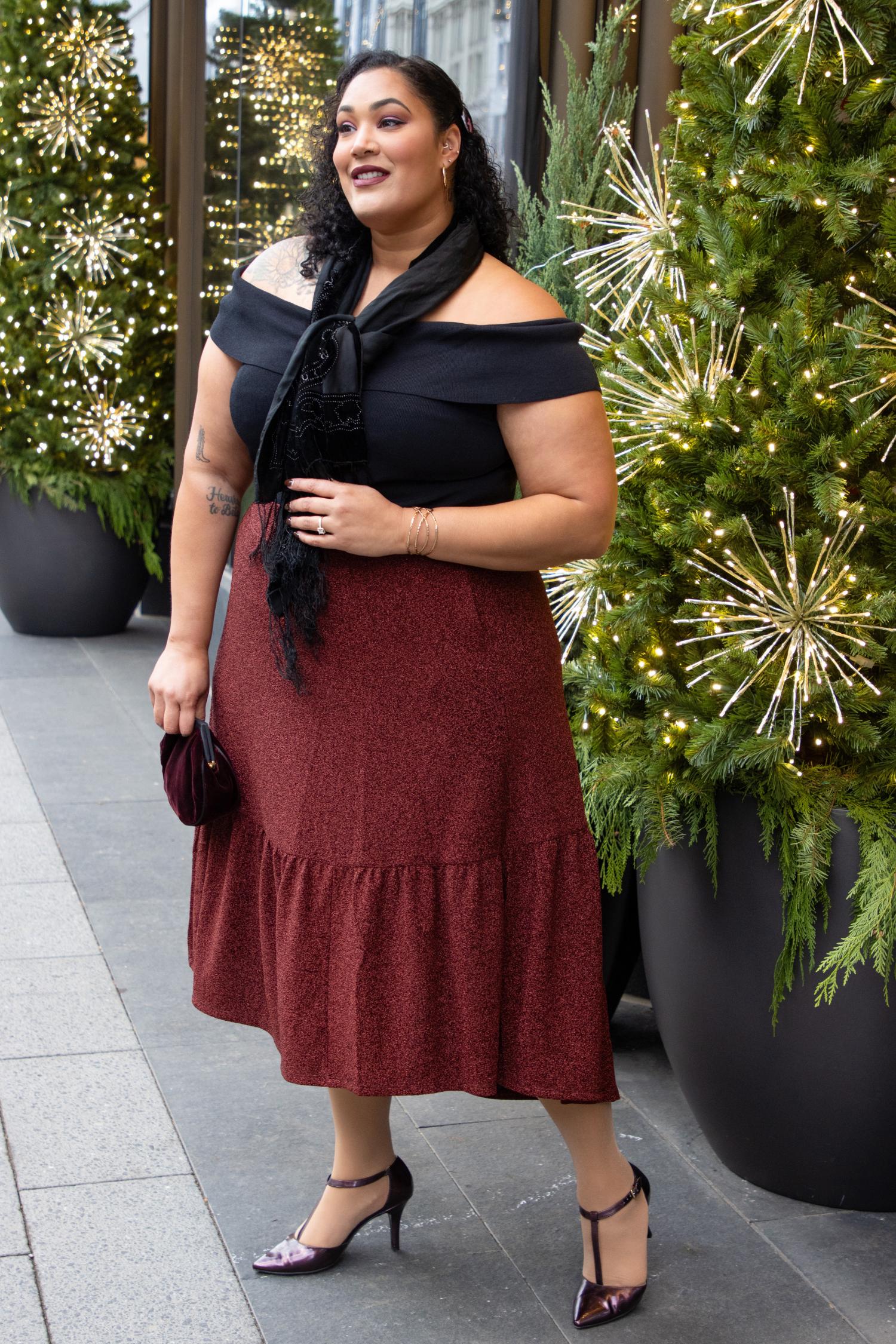 Lurex Tiered Midi Skirt - Bordeaux