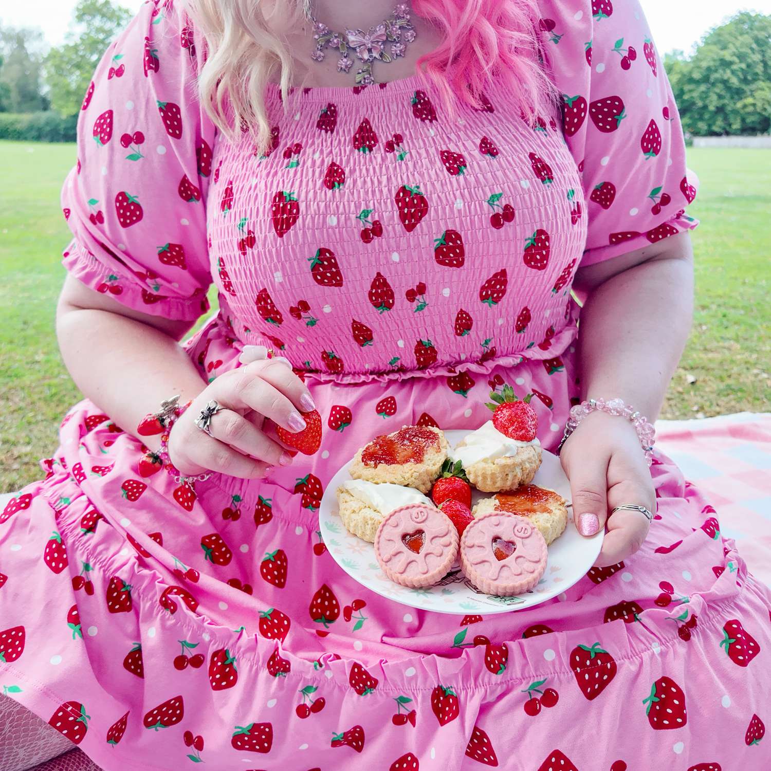 Strawberry Print Mini Dress | Shirred Cotton Jersey Dress with