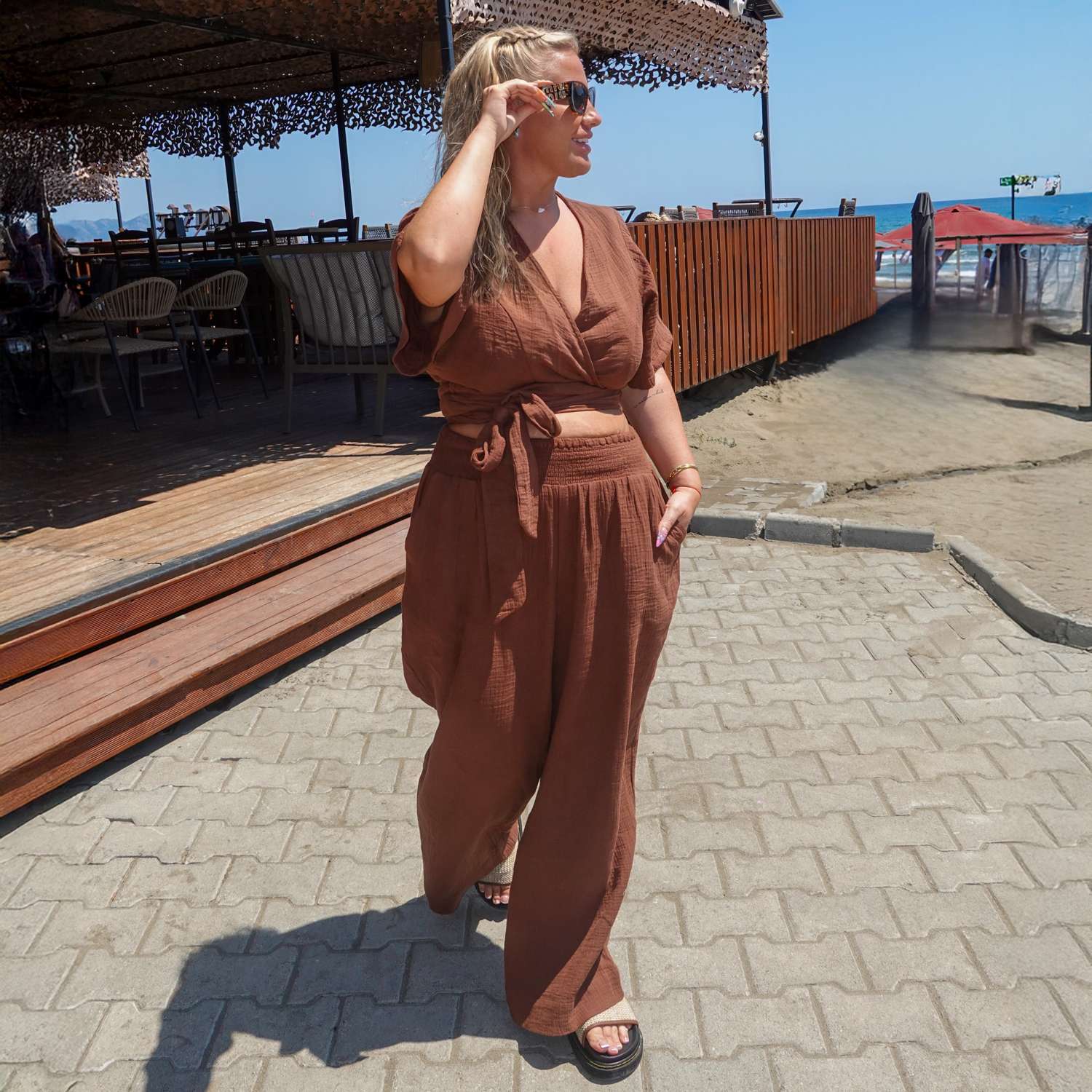 Noor Cotton Gauze Wide-Leg Trousers - Brown