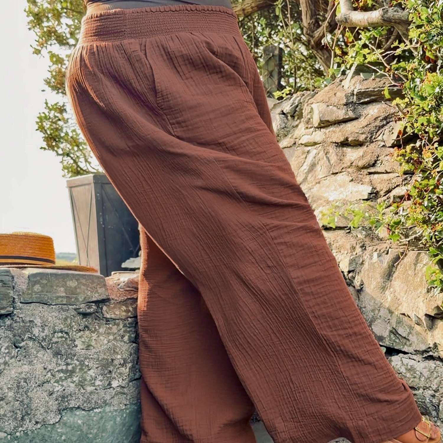 Noor Cotton Gauze Wide-Leg Trousers - Brown