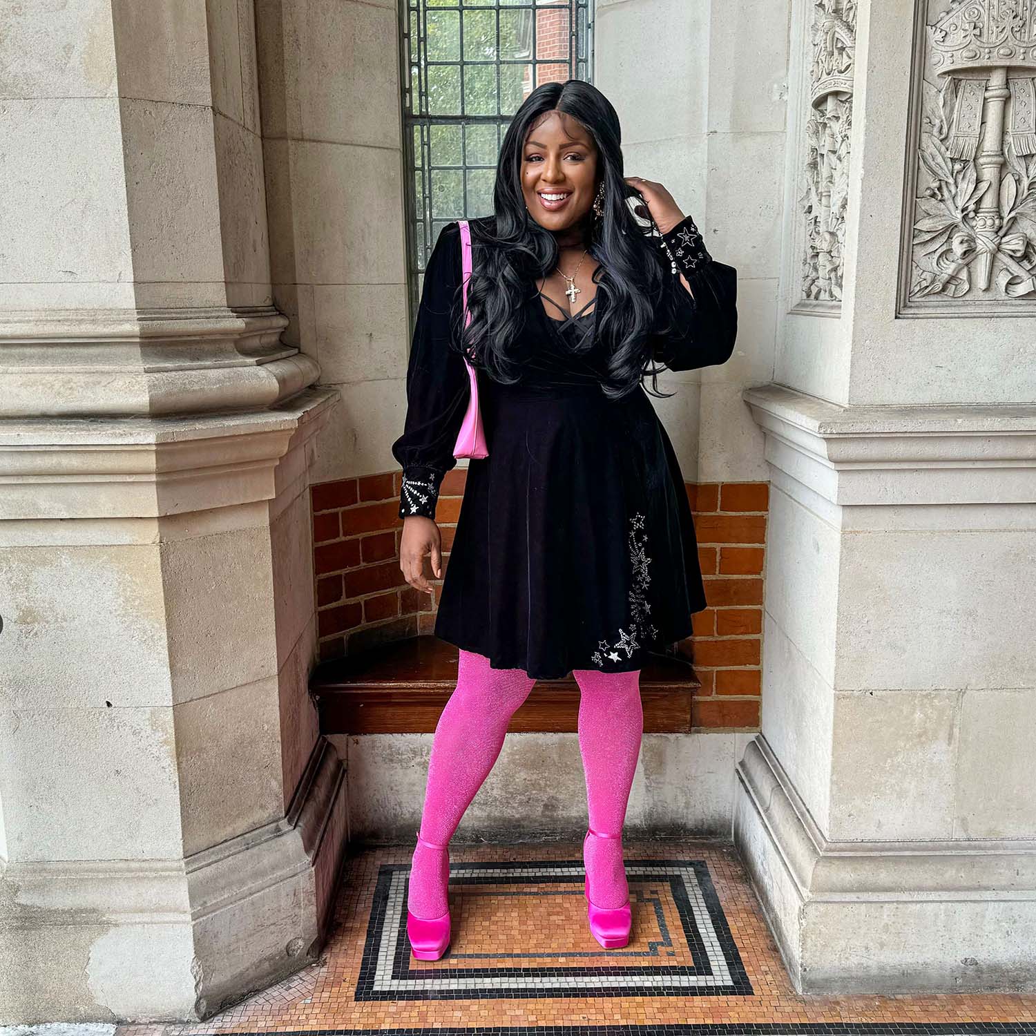 purple tights with black dress Pop of Color