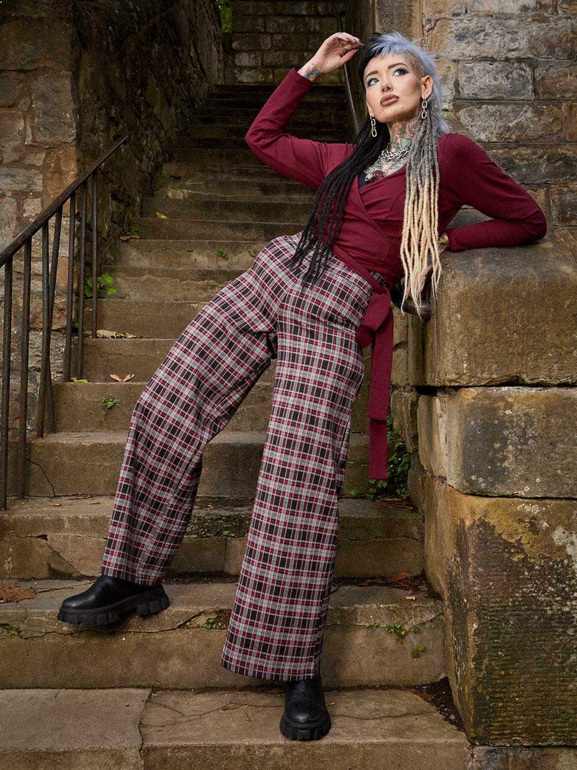 Smokey Joe’s Tartan Check Wide Slacks Red Plaid Wide-Leg Trousers in Bonnie Check | Snag