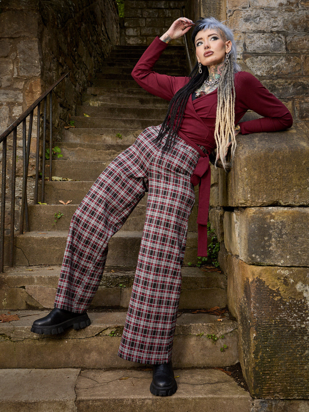 Red Plaid Wide-Leg Trousers in Bonnie Check | Snag