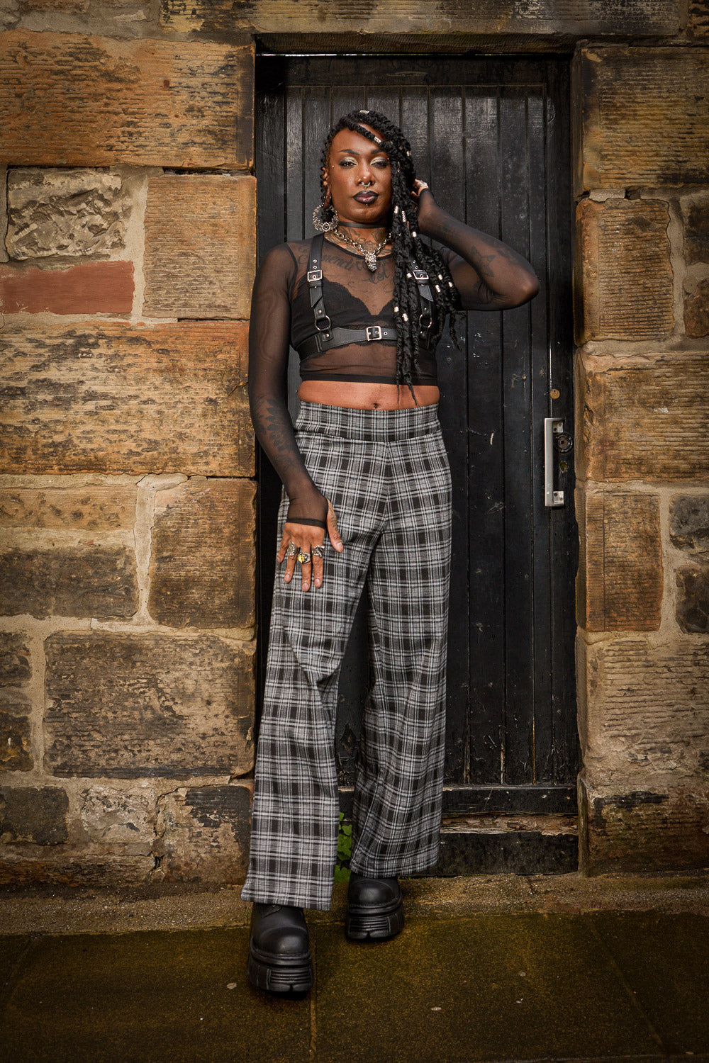 Black & Grey Plaid Wide-Leg Trousers | Snag