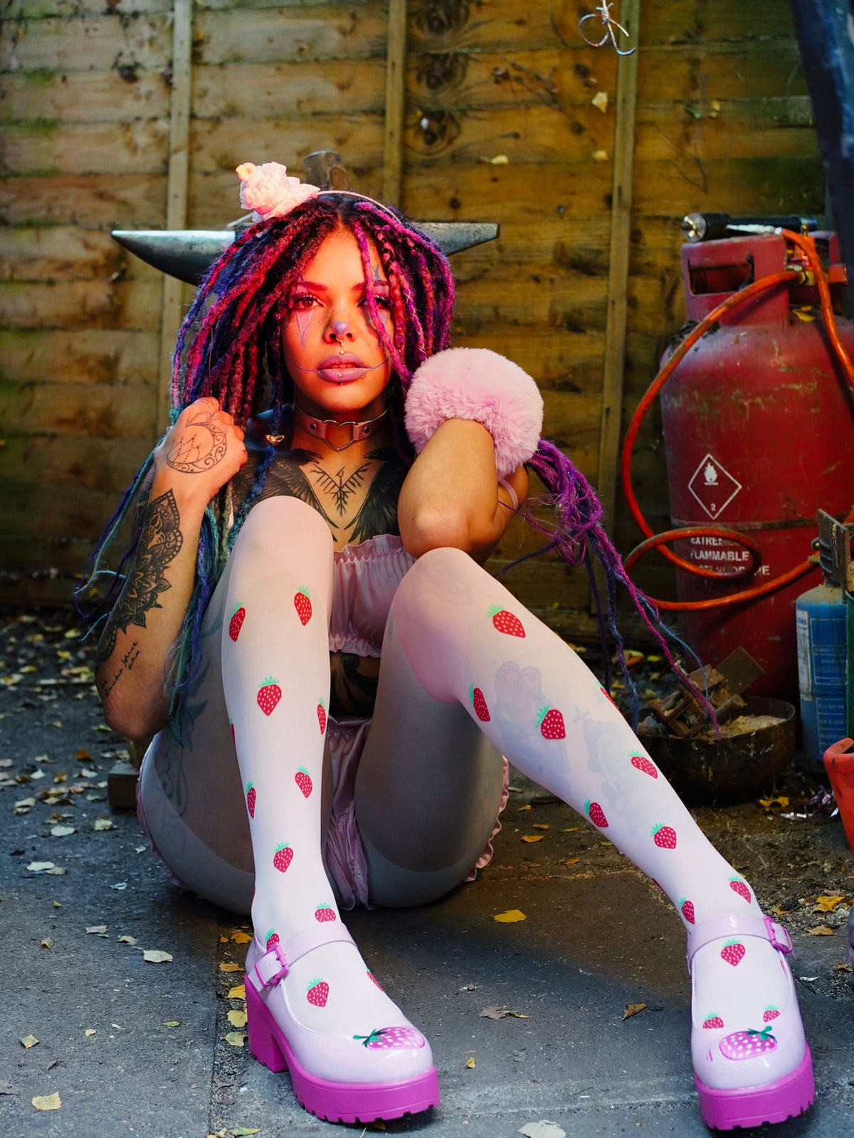 Strawberry Mock Sock Tights - Pink