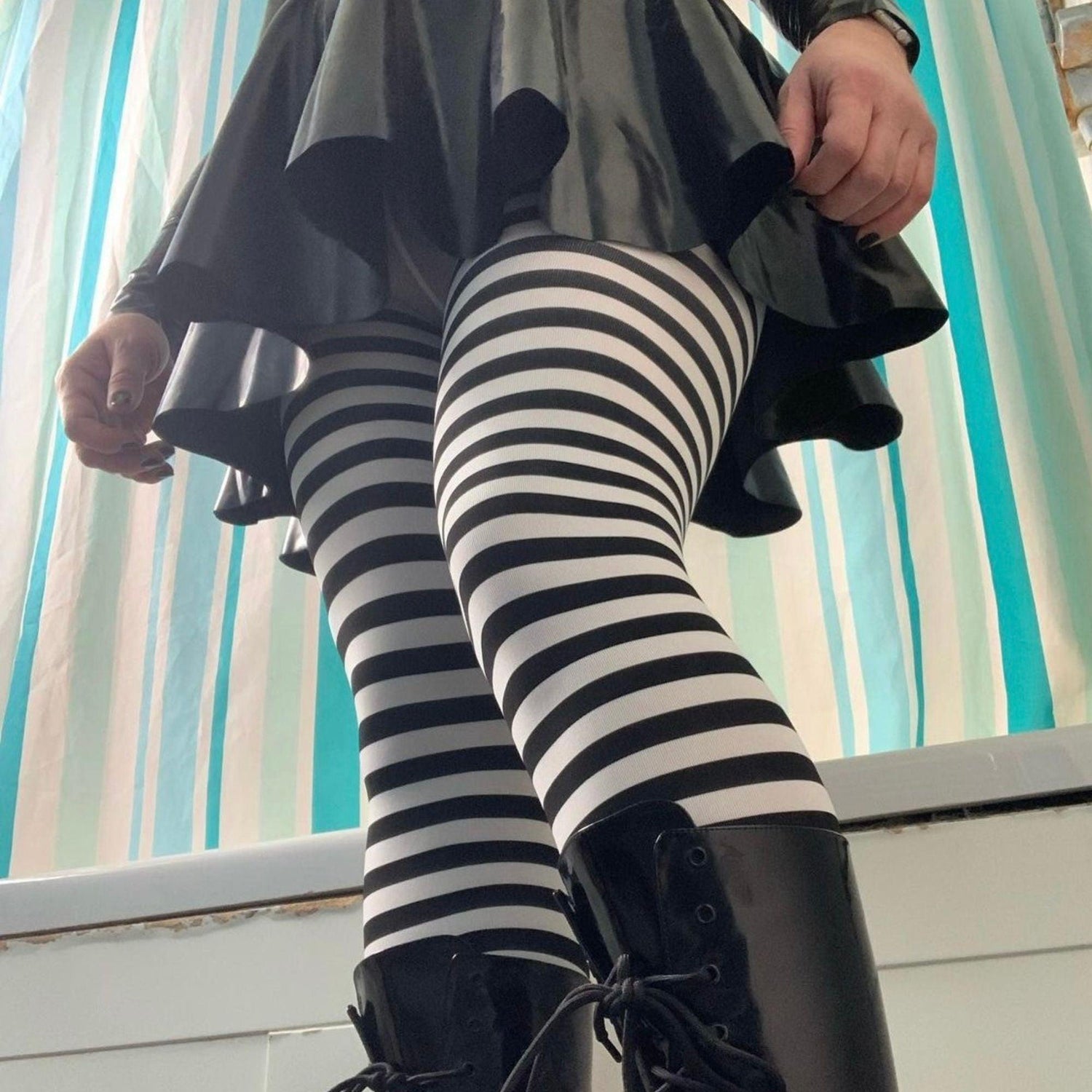Stockings Black With White Striped Leggings Women's Plus Size