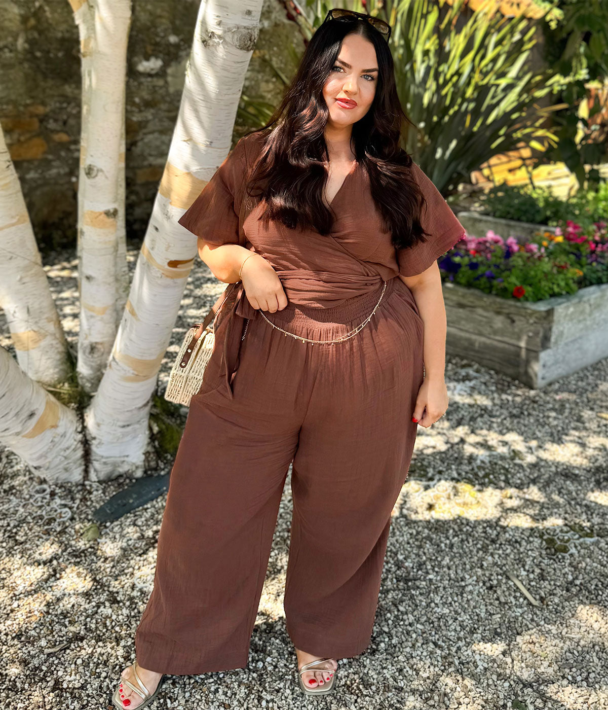 Sonia Wrap Top + Noor Trousers · Cream, Brown, Black