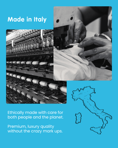 Photos of Italian textile making. Text states the shorts are ethically made, offering premium luxury quality without high markups.